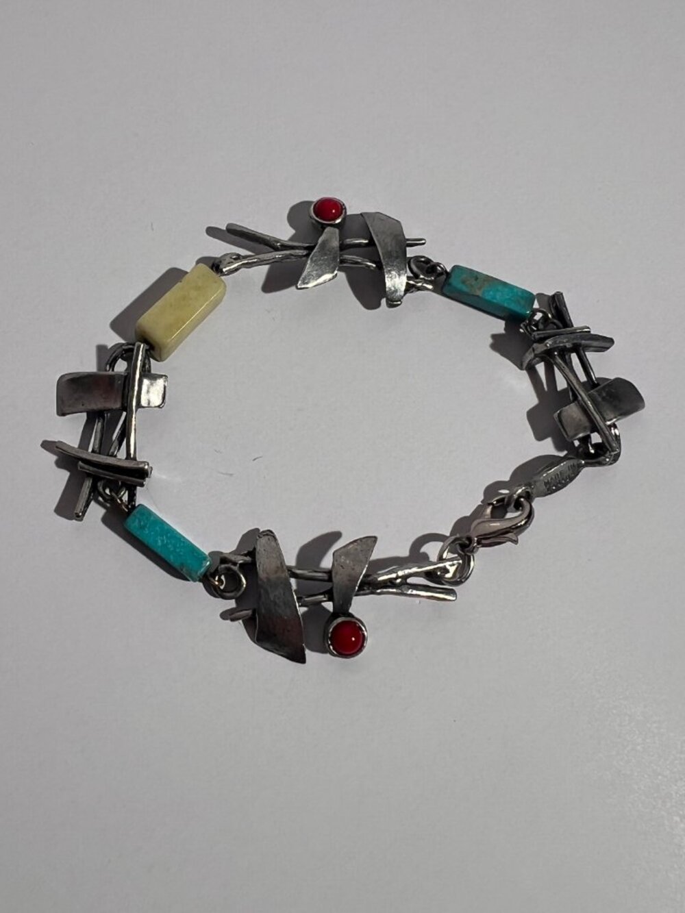 Vintage Sterling Silver Modernist Brutalist Link Bracelet – Turquoise & Red Cabo - Picture 9 of 12